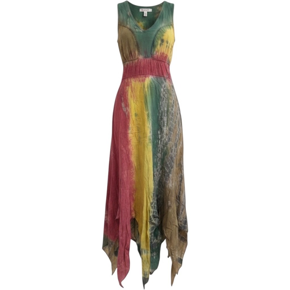 India Boutique Tie Dye Rayon Handkerchief Hem Maxi Dress Multi-Color small/med